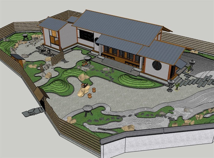 日式茶室枯山水庭院景观设计su模型含建筑
