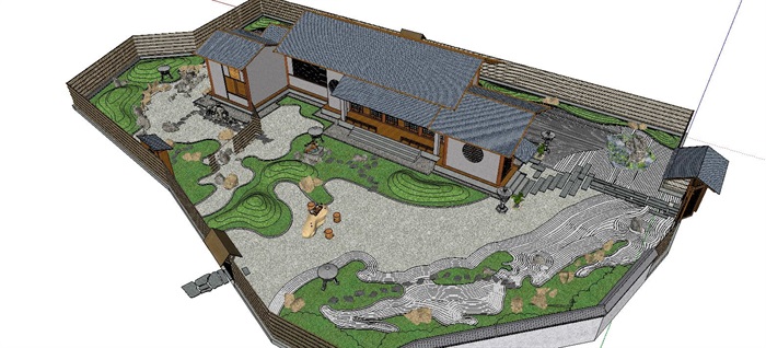 日式茶室枯山水庭院景观设计su模型含建筑