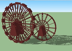 乡村木制水轮车小品ＳＵ模型