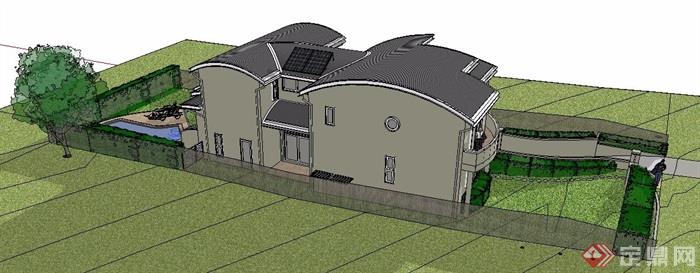 弧面屋顶别墅建筑设计su模型