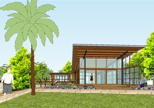 木构式轻巧公园景观休息活动中心设计SU(草图大师)模型