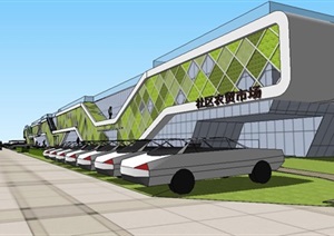 绿植表皮绿化屋顶式农贸购物市场建筑设计SU(草图大师)模型