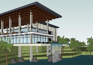 山地滨水木构式高端度假酒店建筑设计SU(草图大师)模型