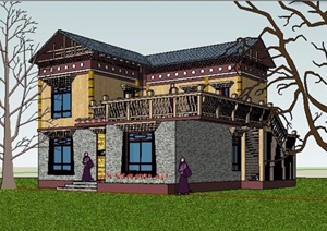 藏式风格二层住宅建筑SU(草图大师)模型