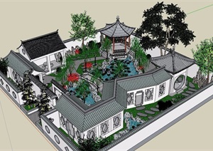古典中式风格详细的庭院完整景观SU(草图大师)模型