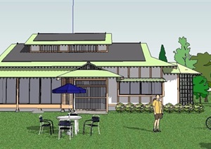 简约中式坡屋顶别墅建筑设计SU(草图大师)模型