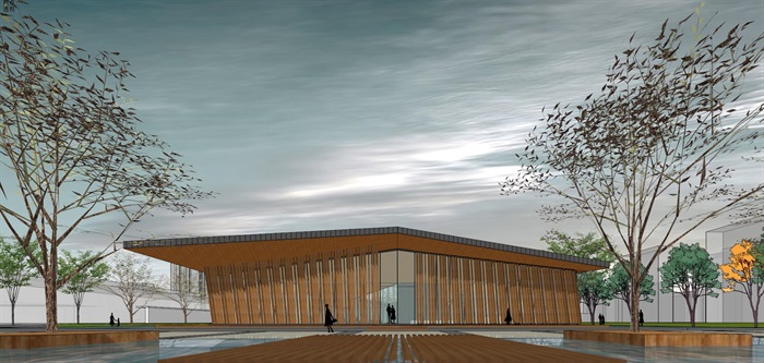 新中式折板屋顶庭院木格栅售楼部活动展示中心(1)