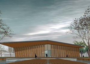 新中式折板屋顶庭院木格栅售楼部活动展示中心SU(草图大师)模型
