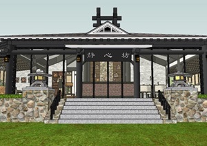 滨水新中式度假风情餐厅建筑设计SU(草图大师)模型