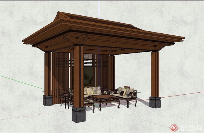 新中式木质详细的亭子设计su模型