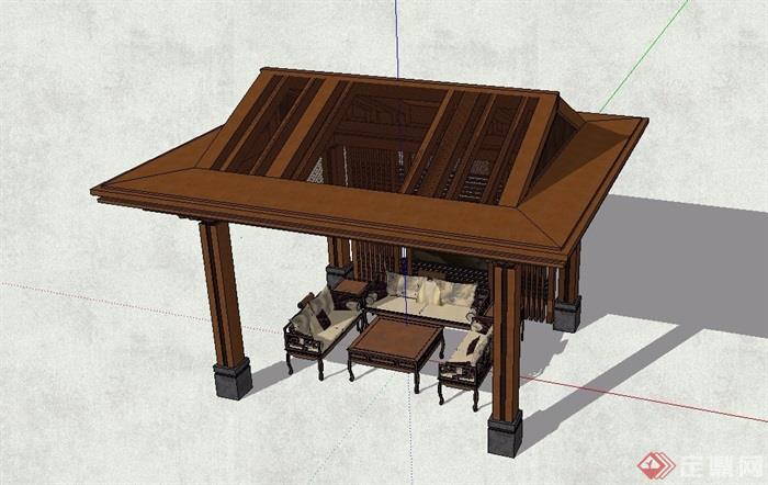 新中式木质详细的亭子设计su模型