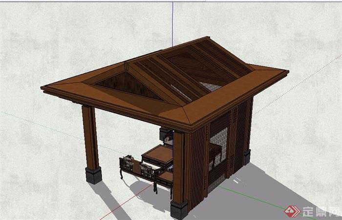 新中式木质详细的亭子设计su模型