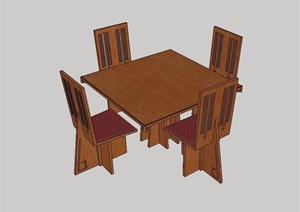 中式四人木质餐桌椅设计SU(草图大师)模型
