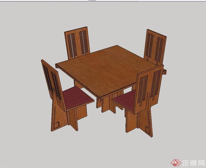中式四人木质餐桌椅设计su模型