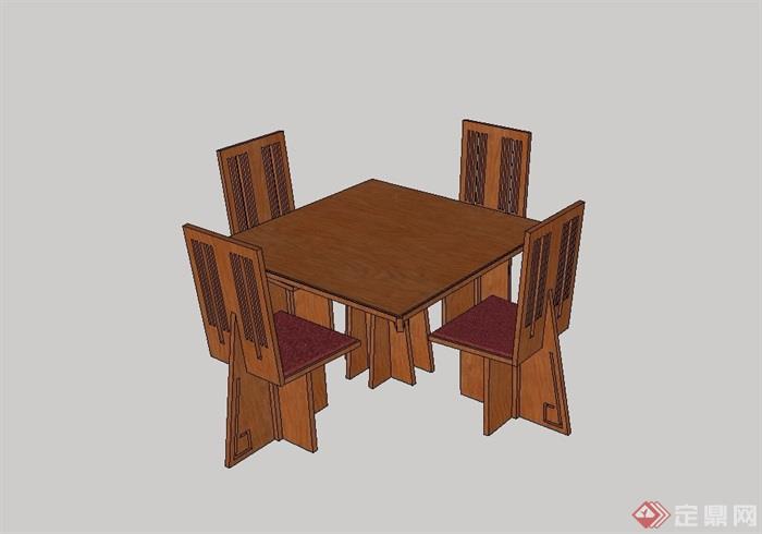 中式四人木质餐桌椅设计su模型