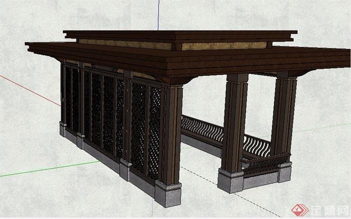 新中式平顶休闲凉亭设计su模型