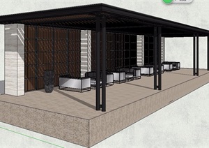 新中式平顶单边廊架及桌椅组合设计SU(草图大师)模型