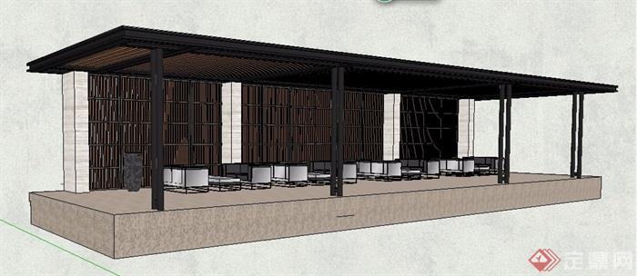 新中式平顶单边廊架及桌椅组合设计su模型