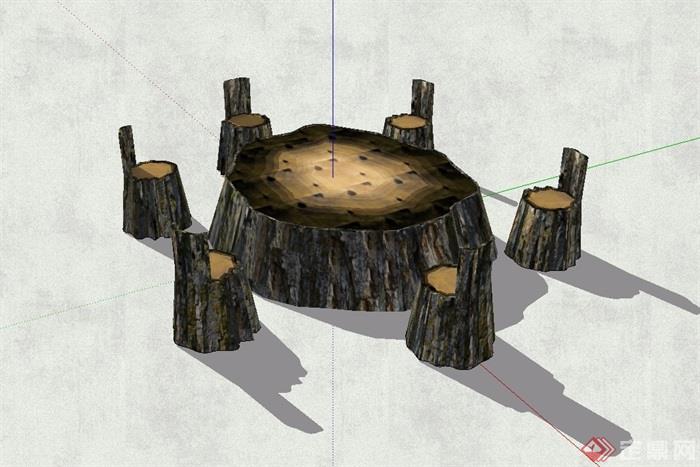 茶艺根雕桌椅组合设计su模型