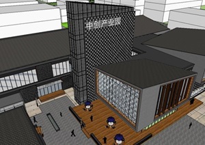 新中式单坡灰砖挂瓦表皮产业园商业街综合体SU(草图大师)模型