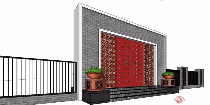 新中式圍牆院牆小區入口大門su模型[原創]