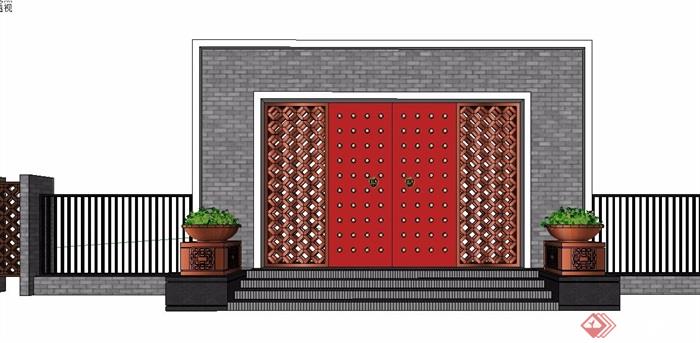 新中式圍牆院牆小區入口大門su模型[原創]