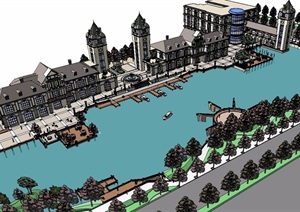 滨湖商业街景详细建筑设计SU(草图大师)模型
