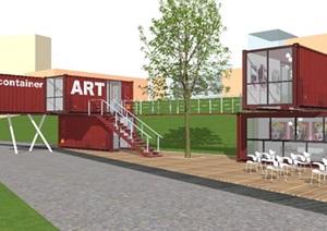 集装箱改造街头创意茶室商店建筑SU(草图大师)模型