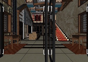 中式酒店餐厅大堂走道室内设计SU(草图大师)模型