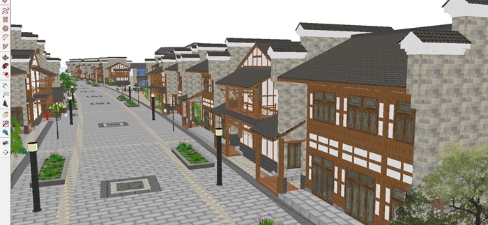 新中式古镇商业街建筑SU模型(2)
