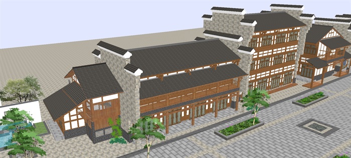 新中式古镇商业街建筑SU模型(3)