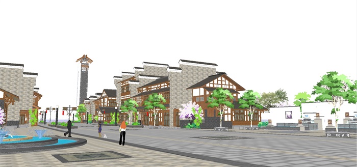 新中式古镇商业街建筑SU模型(5)