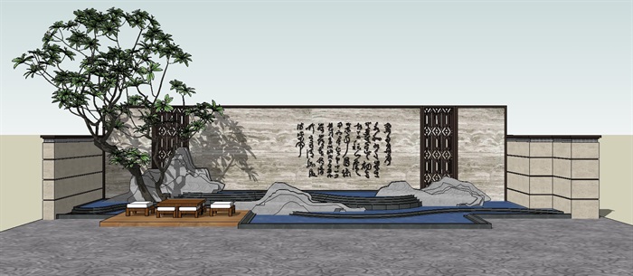 三个新中式山水景墙SU模型(1)