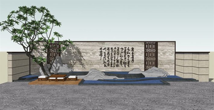 三个新中式山水景墙SU模型(7)