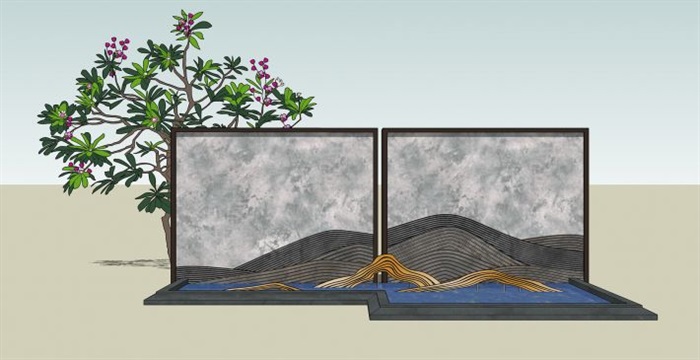 三个新中式山水景墙SU模型(8)