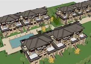 东南亚风格联排别墅设计SU(草图大师)模型