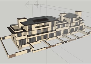 联排别墅建筑设计SU(草图大师)模型完整cad方案图