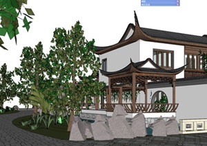 中式一组苏式园林别墅设计SU(草图大师)模型