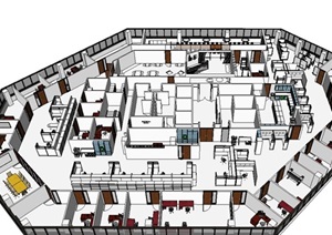 高层办公楼平面详细室内隔间设计SU(草图大师)模型