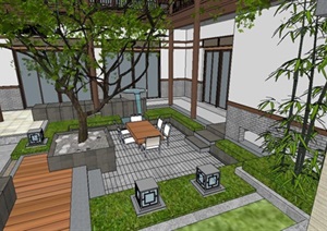 中式别墅禅意庭院景观设计SU(草图大师)模型