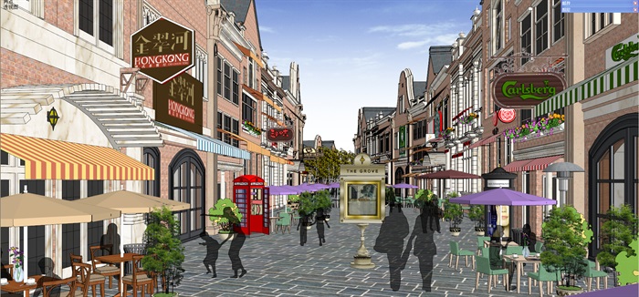 欧式风格风情商业街建筑景观su模型