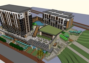 新亚洲风格山地酒店项目建筑SU(草图大师)模型