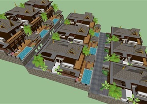 东南亚风格坡地详细别墅设计SU(草图大师)模型