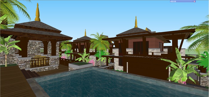 东南亚风格坡地详细别墅设计su模型
