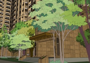 新古典高层住宅建筑及详细景观设计SU(草图大师)模型