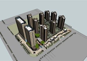 新古典综合体商业街和住宅楼综合建筑SU(草图大师)模型