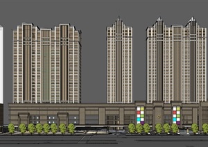 新古典高层住宅商业综合建筑楼设计SU(草图大师)模型