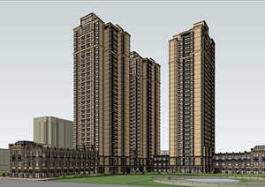 某新古典风格的高层住宅和底层商业综合设计SU(草图大师)模型