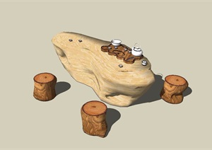 老树桩座椅中式树雕根雕石桌茶艺茶具根艺茶座SU(草图大师)模型