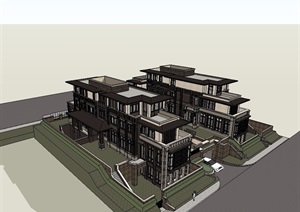 新古典风格详细的联排别墅建筑SU(草图大师)模型